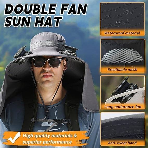 Wide Brim Solar Fan Outdoor Fishing Hat-Solar & USB Charging